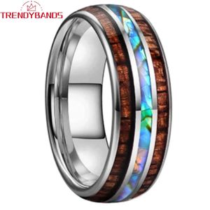 Band Rings Men's Women's 8mm Wedding Bands Tungsten Ring Abalone Shell And Koa Wood Inlay Domed Polished Shiny Comfort Fit 231219