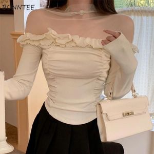 Damskie bluzki slash-drewno koronkowe składane szczupłe, słodkie pullover długie rękawy solidne proste eleganckie miękkie projekty w stylu koreańskim