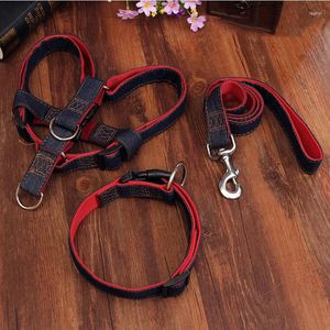 Hundhalsar hög kvalitet 120 cm lång mode denim nylon rep koppel svart/röd/blå jean valp krage sele set husdjur produkt