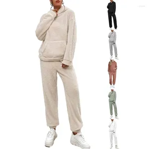 Women's Sleepwear Winter Warm Pajamas Set Fuzzy Fleece Casual Long Sleeve Hoodie Top Pants Loungewear Gifts