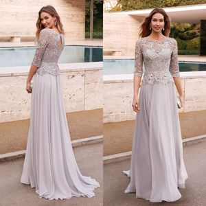 Elegant Light Grey Mother Of The Bride Dresses Lace Evening Dress Jewel Neck Half Sleeve Appliqued Wedding Guest Dress Abito Cerimonia