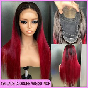 Malaysian Peruvian Indian Brazilian 1b Wine Red Silky Straight 4x4 Brown Swiss Lace Closure Wig 20 Inch 100% Raw Virgin Remy Human Hair