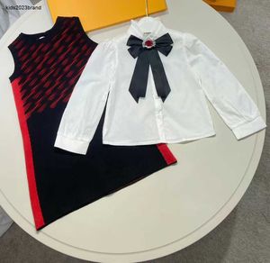 Novos vestidos de bebê arco decoração menina festa saia tamanho 110-160 camisa de colarinho branco e sem mangas vestido de designer de malha dez10