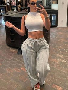 Capris Kliou Pleated Loose Pants Women Casual Active High Waist Stretchy Lace Up Sporty Straight Trousers Female Activewear Bottoms