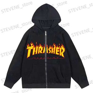 Herren Hoodies Sweatshirts Gothic Flames Ins High Street Y2K Unisex Innenfleece Hoodies Sweatshirt Reißverschluss Übergroße Herren Damen Streetwear Mantel Tops T231220