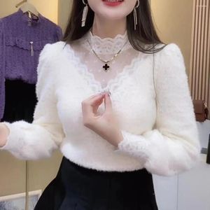 Women's T Shirts White Half High Collar Plus Velvet Lace Bottomed Blouse Hollow Pullover Autumn Winter Inner