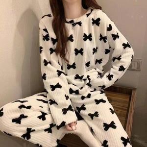 Sweet and lovely bear bow tie  Pajamas women's casual loose can be worn in autumn and winter thick warm home service suit.