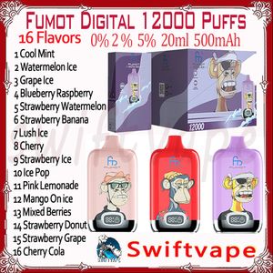 Fumot Digital 12000 Puff Disposable E Cigarett 500mAh Uppladdningsbart batteri 16 Flavors 20 ml 0% 2% 5% 12K Puffs Vapes Pen Starter Kit Autentic Wholesale