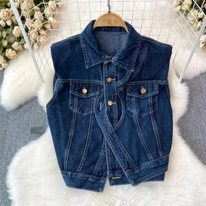 Gilet da donna Primavera Autunno Donna Gilet corto in denim Risvolto Irregolare Gilet da cowboy monopetto senza maniche Nero Blu scuro chiaro