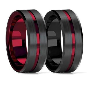 Eheringe Fashion 8mm roter Groove abgeschrägte Kante schwarzer Wolfram Ring für Männer gebürstete Stahlvergütung Herren Band306g