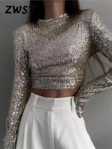 Sequins Sexy Crop Top Women Silver O neck Long Sleeve Slim T shirt 2023 Winter Fashion Party Club Solid Match All Ladies Tshirts 231020