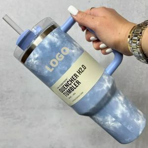 DHL Wisteria quencher 40oz tumbler tie dye light blue pink leopard handle lid straw beer mug water bottle powder coating outdoor camping cup