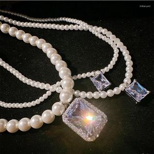 Colares de pingente grande retângulo zircão colorido gemstone pérola colar para vestidos femininos embelezamento acessórios moda mas elegante