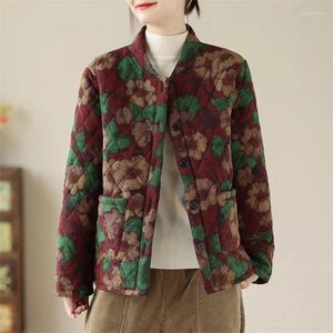 Giacche da donna in stile etnico giacca in cotone stampare stand collare cardigan maniche lunghe maniche lunghe