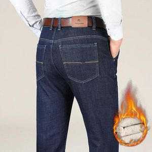 Мужские джинсы, зимние качественные тканевые флисовые толстые теплые прямые свободные повседневные брюки с высокой талией для отца, деловые повседневные брюки