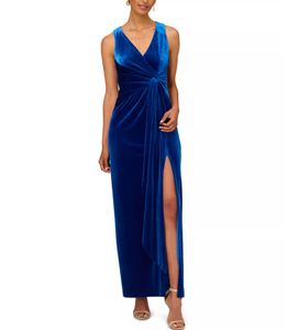 Eleganckie długie niebieskie aksamitne sukienki wieczorowe z rozciętą syreną V-dekolt plisowany kostki sukienki na imprezę dla kobiet
