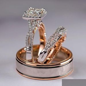 Band Rings Band Rings Huitan Luxury Princess Cut Cubic Zircon Bridal Marriage Set Elegant Accessories Brilliant Women Men Wedding Tren Dhu8s