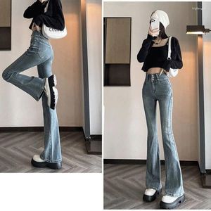 Jeans femininos cintura alta apertado retro azul fino até o chão calças micro-sino