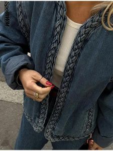 Jaquetas femininas elegantes denim retalhos para mulheres oversized casual o-pescoço manga longa curto outono senhoras outerwear