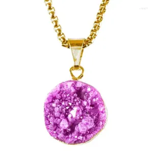 Anhänger Halsketten SUNYIK Natürliche Kristall Geode Cluster Druzy Runde Charme Gold Farbe Rand Knopf Kleine Schmuck (Freie Kette)