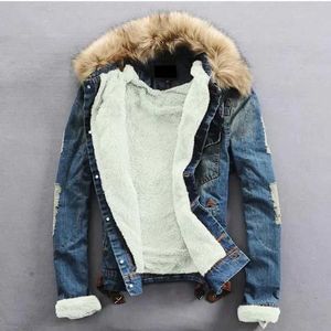 Herrjackor Idopy Winter Fleece Denim Jacket Plus Size S-6xl Thicken Thermal Warm Jeans Jacket and Coat with Fur Collarl231026