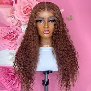 Brasiliansk Glueless Reddish Brown Deep Wave Frontal Perk 250 Densitet Koppar Röd Curly Simulation Human Hair Wig 13x4 HD Spets Frontal Wig