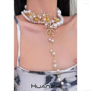 Элегантные металлические цепочки с преувеличением Alien Sun Star, белое жемчужное ожерелье для женщин и девочек, милые винтажные свадебные украшения HUANZHI 2023 INS