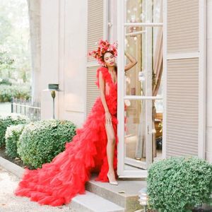 Casual Dresses Sexy Red Split Long Tulle Bridal Fluffy Tiered Prom Gowns Robe To Po Shoots Women Party Dress