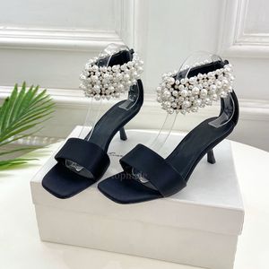 Lyxdesigner skor kvinnor sandaler och klackar slingback rossis pärla sandal strass tofflor kattunge klackar 6 cm lady pumpar klädskor bröllop fest c12202