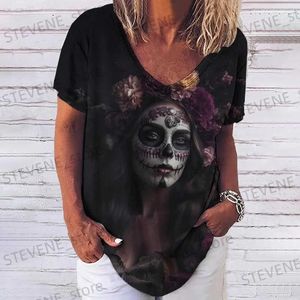 T-shirt da donna Estate 2023 Nuovo 3D Horror Skull Stampa T-shirt da donna con scollo a V manica corta Casual Divertente Harajuku Y2K Abbigliamento Giorno dei morti T231220