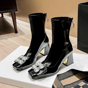 Head Straight Square Fashionable Elastic Women's Boots Heels Lacquer Leather Thin Big Diamond Boots Back High End Women