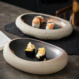 Teller Stoare Speiseteller Japanische Küche Sashimi Sushi Shop Steinkornschale Barrenförmiges Retro-Keramikgeschirr 10 Zoll