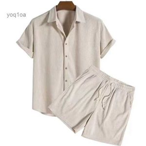 Men's T-Shirts Men Corduroy Two Piece Sets Solid Color Short Sleeve Lapel Button Shirts Shorts Fashion Streetwear Mens Casual Suits S-3XLL231026