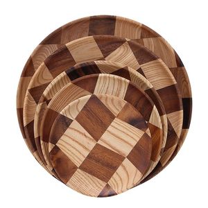 Runde massive Holzplatte Ganzes Acacia Holzfruchte Geschirr Holzsaucer Tee Tablett Dessert Abendessen Frühstück Teller Geschirr LX6296