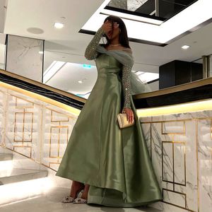 2023 Evening Dresses Glitter Mint Green Gold Sequined For Women Long Sleeves A Line Formal Event Gowns Off Shoulder Satin Special Occasion Dresses Prom Party Dress