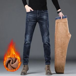 Мужские и крутые джинсы, зимние, снежные, теплые плюшевые ультратонкие шерстяные джинсовые эластичные брюки, прямые синие брюки 231220