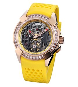 Męski automatyczny mechaniczny szkielet zegarek luksusowe diamentowe zegarki Diamentowe Out Out Diamond Bezel 44 mm z gumowym paskiem szkieletu Tourbillon na rękę