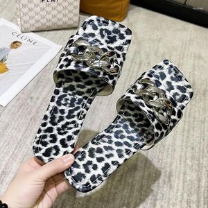 Slippers 2023 Women's Shoes Metal Decoration Fashion Leopard Print Casual Women Square Toe Flat