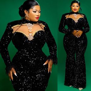 2024 ASO EBI BLACK JUMPSUITS PROM DRESS POADE Crystals Sequined Lace Evening Party Party Second Reception Födelsedagsengagemang klänningar klänningar mantel de soiree zj358