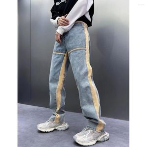 Herr jeans höst senaste design ljusblå för män sida rand lappade denim byxor kvinnliga streetwear