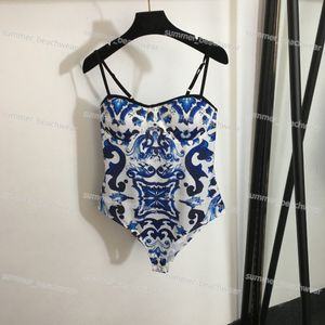 Women Sexy Bikini Push Up One Piece Bikini Blue And White Porcelain Printed Swimsuit For Summer Pool Party Swimsuit