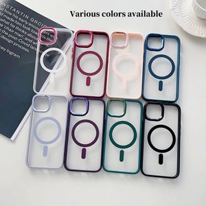 Heißverkaufte galvanisierte magnetische transparente stoßfeste Handyhülle aus Acryl für iPhone 15 14 13 12 11 Pro Max mit OPP-Beutel