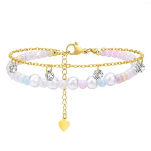 Strang stapelbares Charms-Armband, Perlenkette mit baumelndem Zirkonia-Glied aus Edelstahl, als Geschenk für Frauen