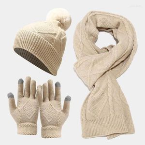 Berets Wholesale Acrylic 3pcs Winter Knit Hat Scarf And Gloves Set For Women Men