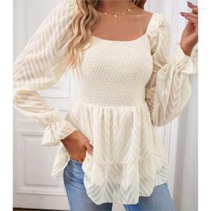 Женские блузки, однотонная рубашка, осенний элегантный топ с квадратным вырезом и длинными рукавами, женская блузка с рюшами в стиле пэчворк, ажурный пуловер, блузка