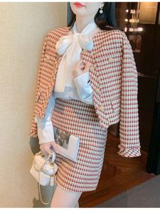 Work Dresses Fashion Elegant Womne Lady O Neck Suit Sweet Long Sleeve Short Jacket High Waist Korean Skirts Small Fragrance Two Piece Set
