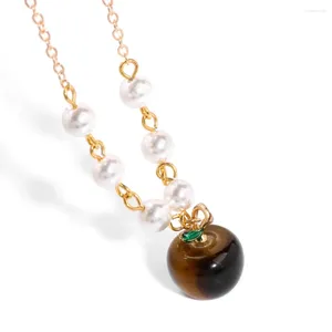 Colares Pingente Tiger Eye Apple Forma Colar Ajustável Pérola Grânulos Cor de Ouro Corrente Natural Pedra Mulheres Jóias