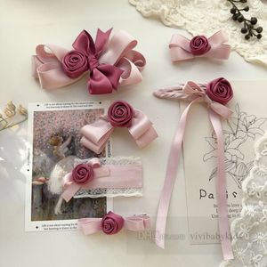 Sweet Girls rose flower Bows hairpins kids ribbon Bows pink princess hair clip boutique children birthday party accessories Z6191