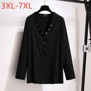 Tops New 2021 Spring Autumn Plus Size Basic Tops For Women Large Loose Long Sleeve Black Sequins Designer Tshirt 7XL