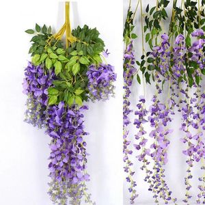 Decorative Flowers 12Bunches Artificial Wisteria Ivy Hanging Vine Faux Silk Flower Garland Purple Plant For Home Garden Wall Decor